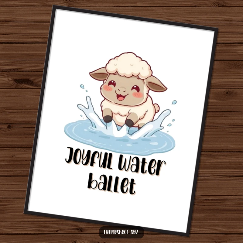 Funny sheep poster of a fluffy sheep gleefully splashing in a puddle, sending water flying, a humorous depiction of joy.
