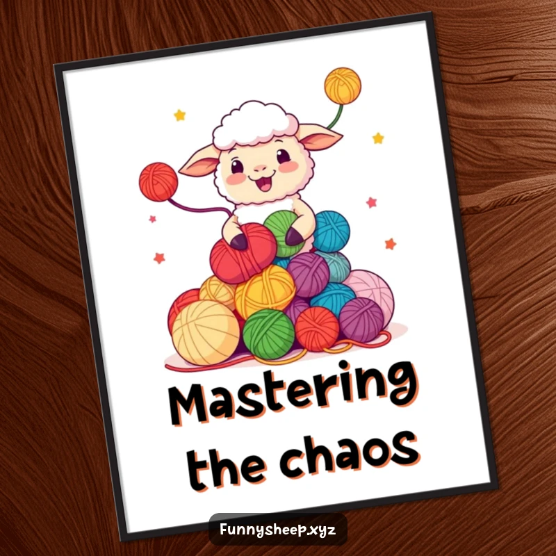 Funny Sheep Poster depicting a character happily juggling colorful yarn balls, vibrant and humorous wall art, perfect funny gift.