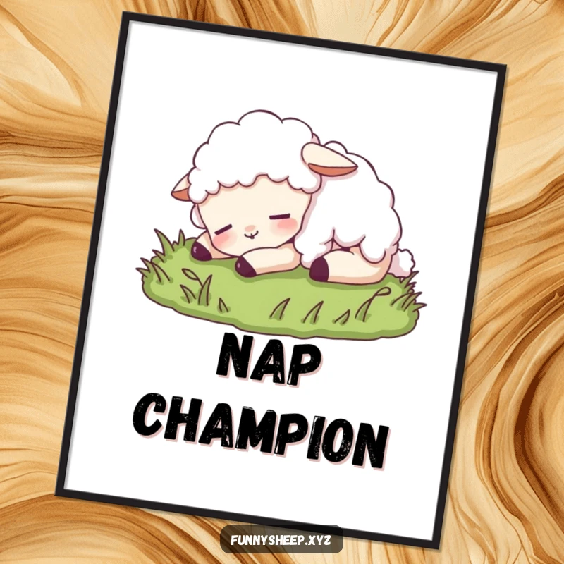 Funny sheep poster showing a content sheep character peacefully napping on soft grass, bringing calm and humorous vibes to any room.