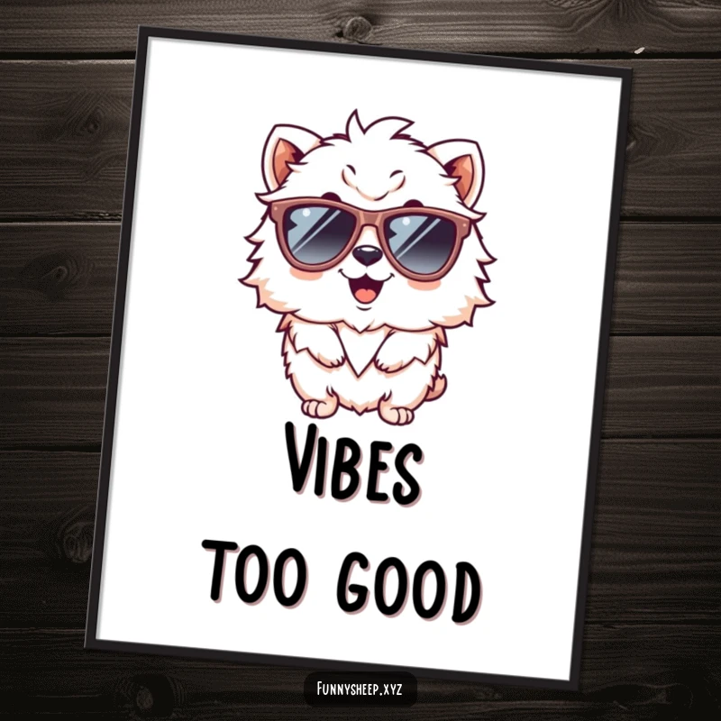 Funny poster print of a giggling fluffy animal character with oversized sunglasses, exuding a cool and cheerful vibe for your wall.