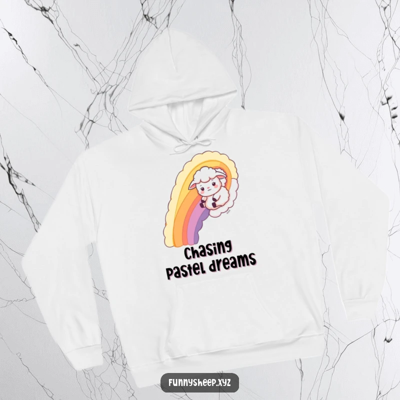 Funny Sheep Hoodie depicting a playful sheep sliding down a wool rainbow, offering cozy and whimsical charm.
