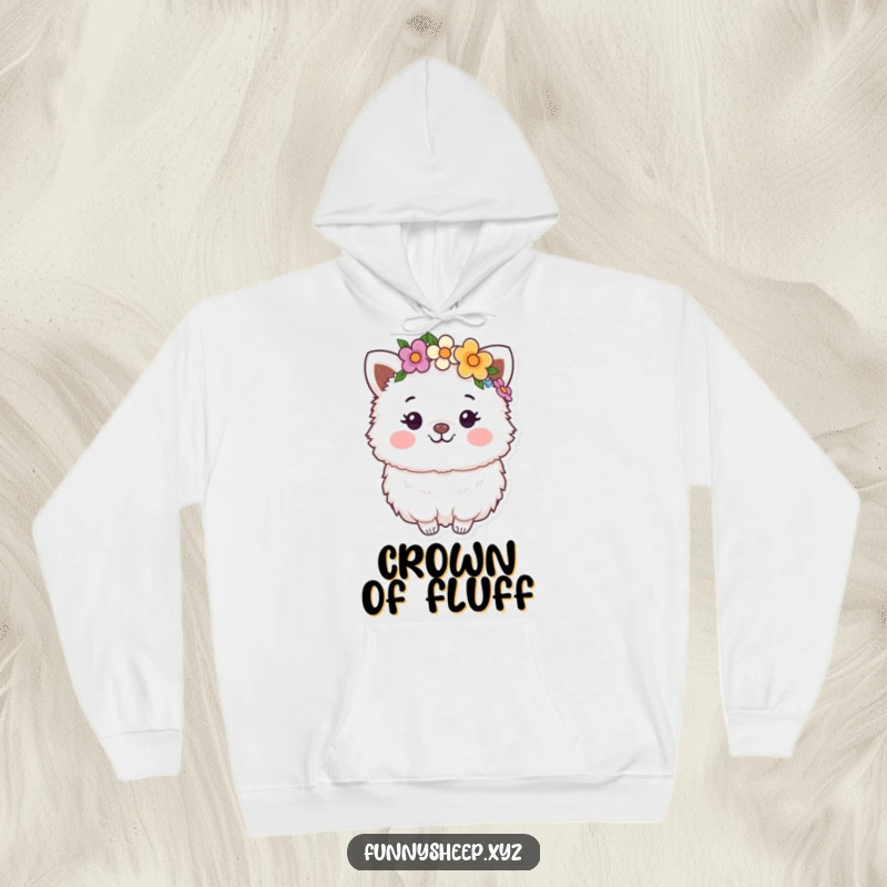 Funny Hoodie: A happy, fluffy animal character wearing a flower crown, offering cozy comfort and bohemian charm.