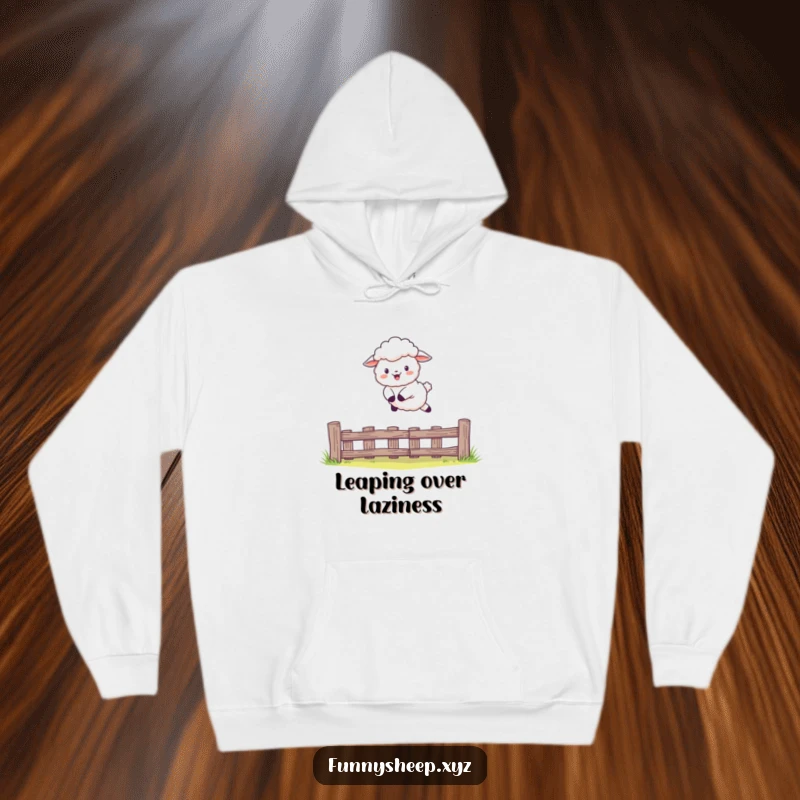 Funny Sheep Hoodie featuring a joyful character leaping over a fence, warm and humorous apparel, ideal funny gift.