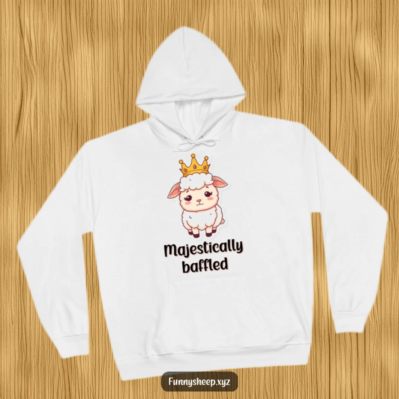 Funny sheep hoodie depicting a fluffy sheep wearing a small crown, looking regal yet slightly bewildered, a cozy royal decree.