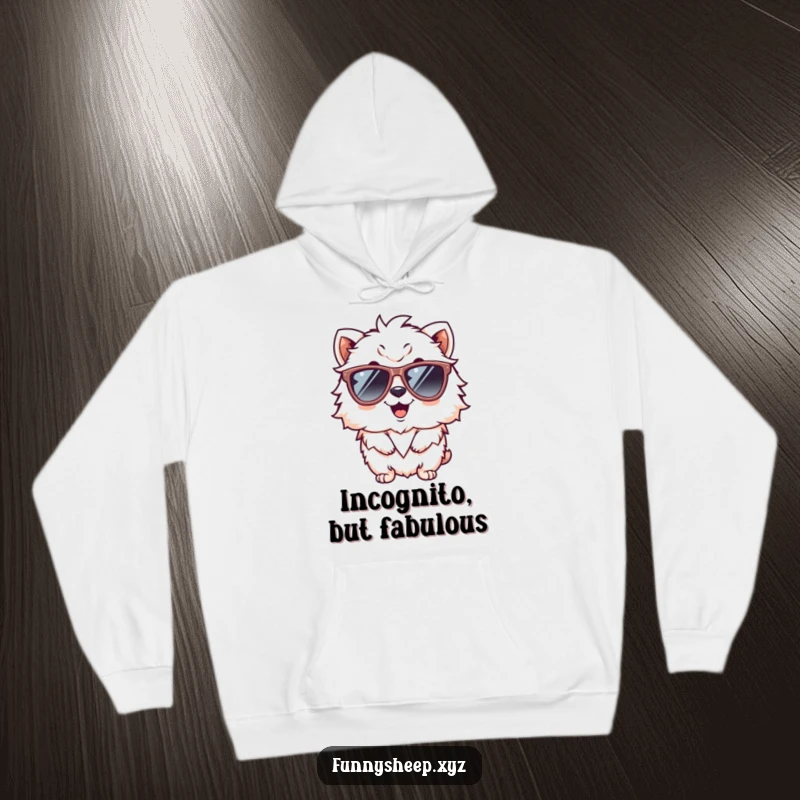 Funny hoodie print of a giggling fluffy animal character striking a cool pose with oversized sunglasses, radiating fun and warmth.