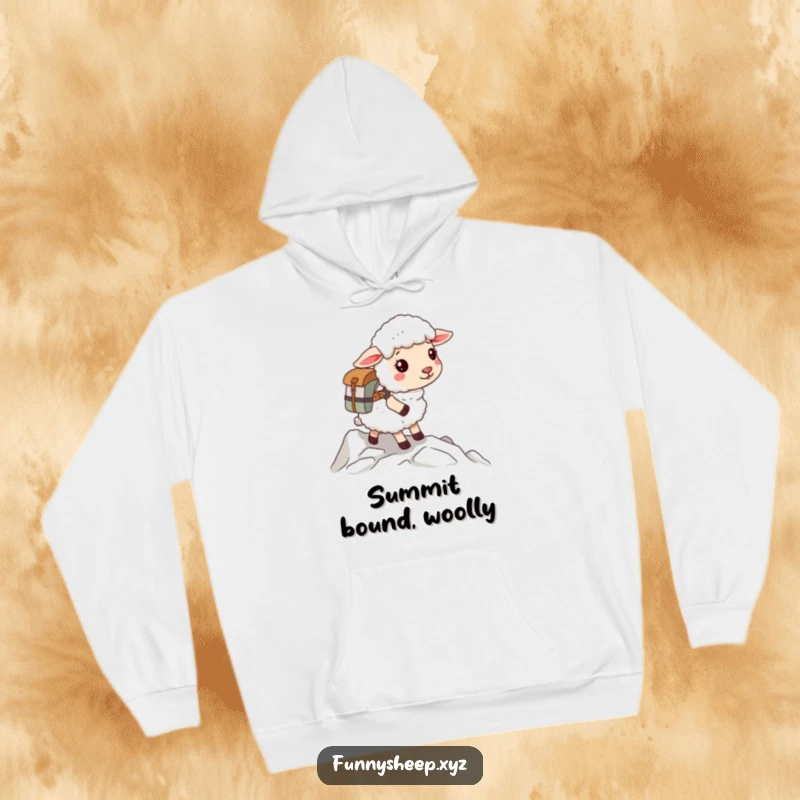 Funny sheep hoodie showing a fluffy sheep wearing a small backpack, poised for an adventurous mountain climb, ready for anything.