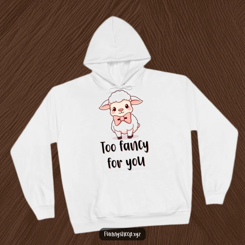 Funny Sheep Hoodie with an oversized bowtie-wearing sheep, showcasing silly charm and cozy comfort for ultimate relaxation.