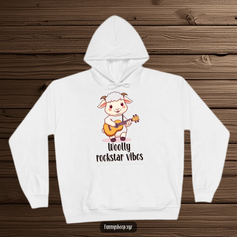 Funny sheep hoodie depicting a fluffy sheep attempting to play a diminutive ukulele with its woolly hooves, radiating musical humor.