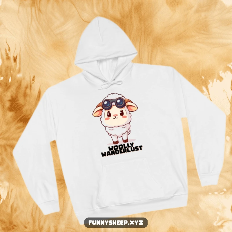 Funny curious sheep hoodie showing a sheep character wearing tiny binoculars, looking up at the sky with a sense of wonder and exploration.