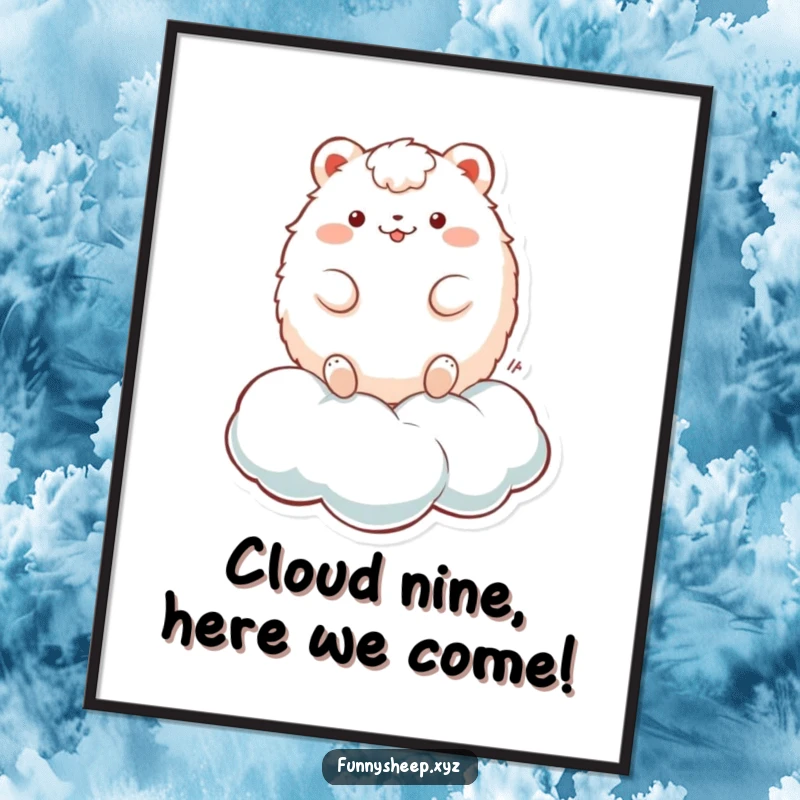 Funny Free Printable Wall Art: A fluffy, round animal character playfully bouncing high on a soft, dreamlike cloud.