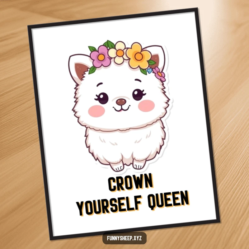 Funny Free Printable Wall Art: A happy, fluffy animal character wearing a beautiful, vibrant flower crown with a sweet smile.