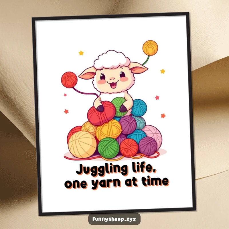 Funny Free Printable Wall Art: A happy sheep character skillfully juggling a pile of colorful yarn balls with energy.