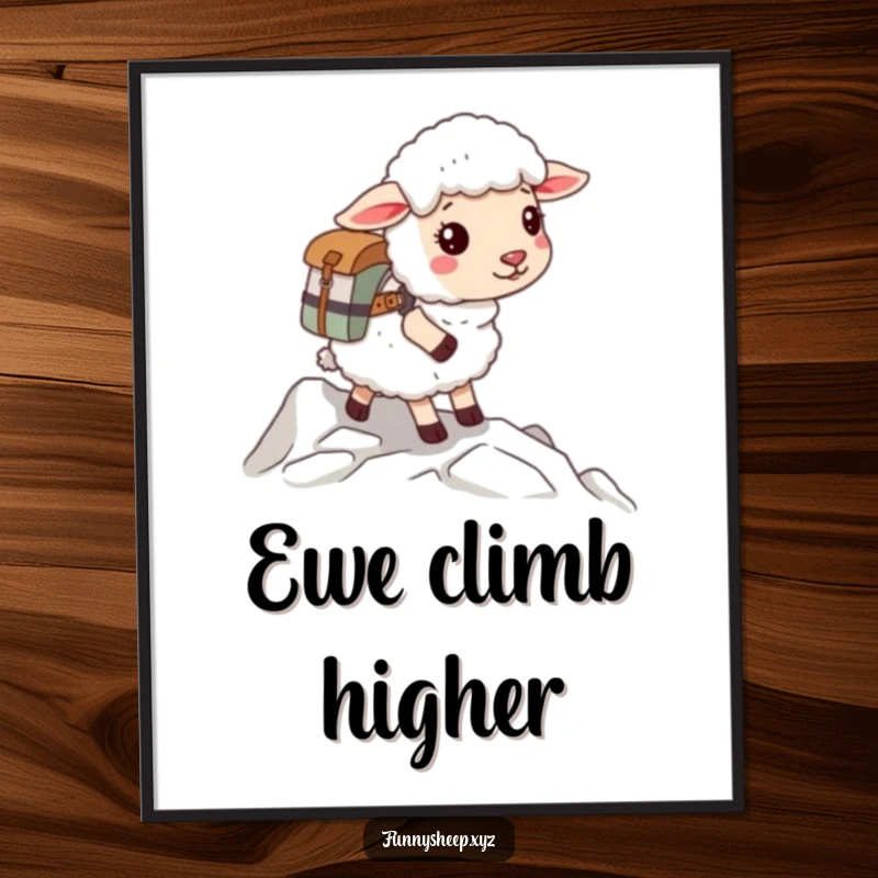 Funny Free Printable Wall Art: A sheep with a backpack setting off on a steep, adventurous climb, inspirational downloadable art.
