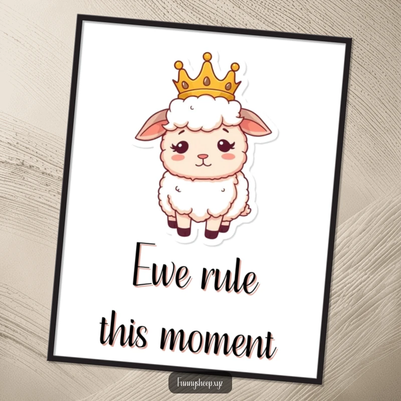 Funny Free Printable Wall Art: A sheep sporting a tiny crown, looking regally perplexed, a humorous and downloadable piece.