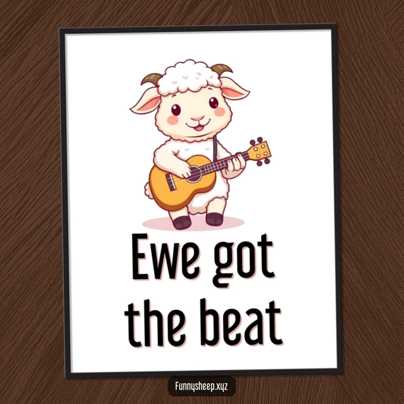 Funny Free Printable Wall Art: A charming sheep trying its best to play a tiny ukulele with its woolly hooves, downloadable decor.