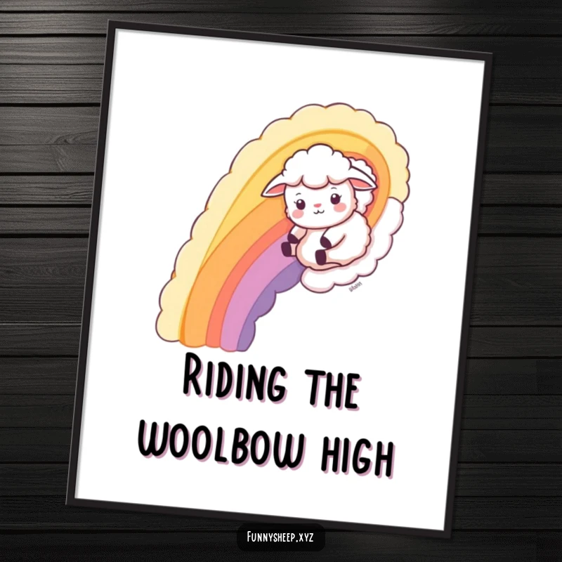 Funny Free Printable Wall Art: A happy sheep gracefully sliding down a vibrant rainbow formed from strands of soft, colorful wool.