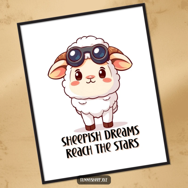 Funny Free Printable Wall Art: A sheep character wears tiny binoculars, gazing with wonder at the vast sky above.