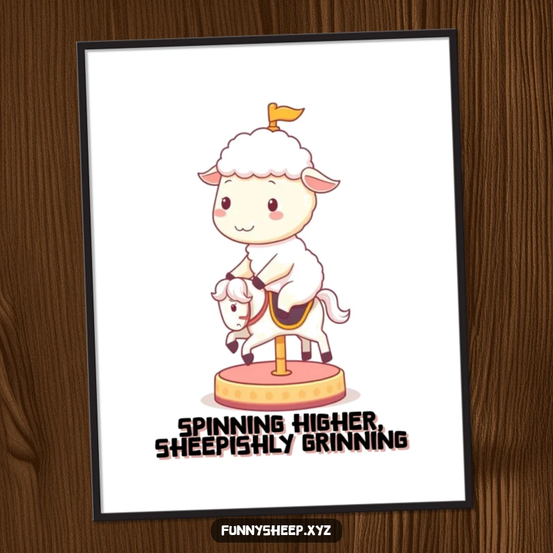 Funny Free Printable Wall Art: A cheerful sheep gleefully rides a tiny spinning carousel horse, bringing whimsical joy to your decor.