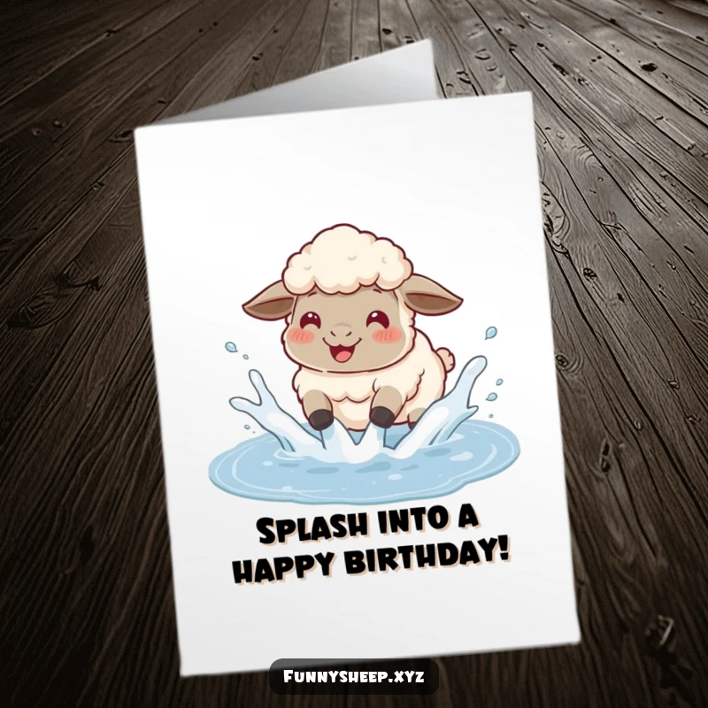 Funny Free Printable Birthday Card: A sheep gleefully splashing in a puddle, sending water droplets flying, a joyful downloadable.