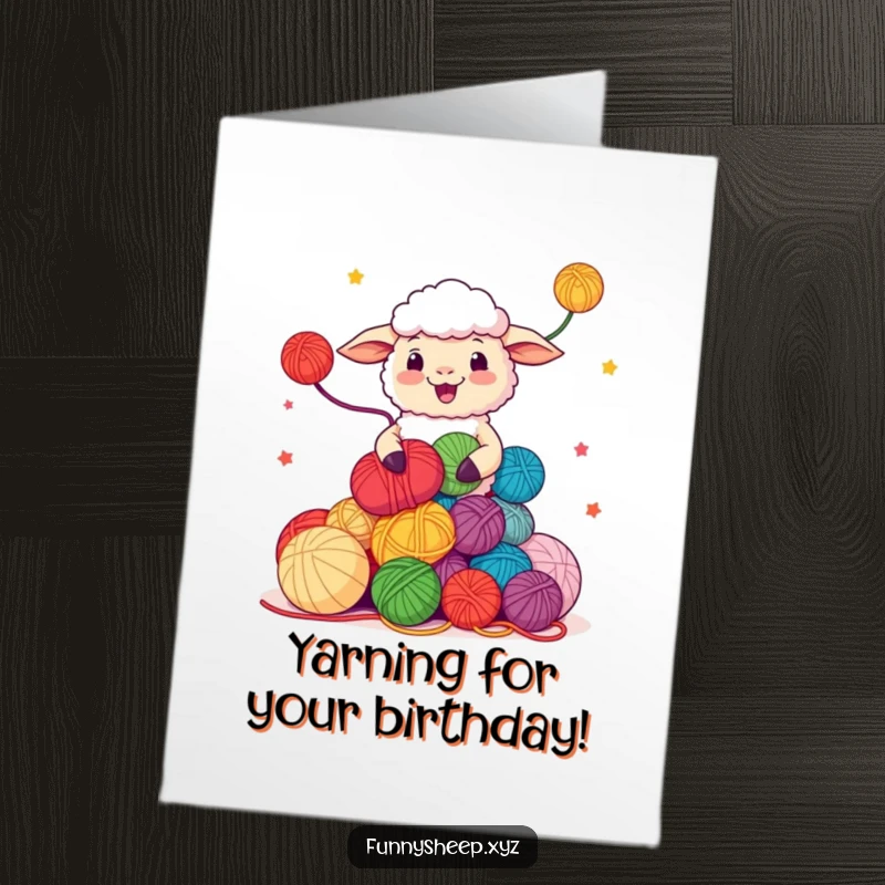 Funny Free Printable Birthday Card: Happy sheep skillfully juggling a pile of colorful yarn balls with glee.