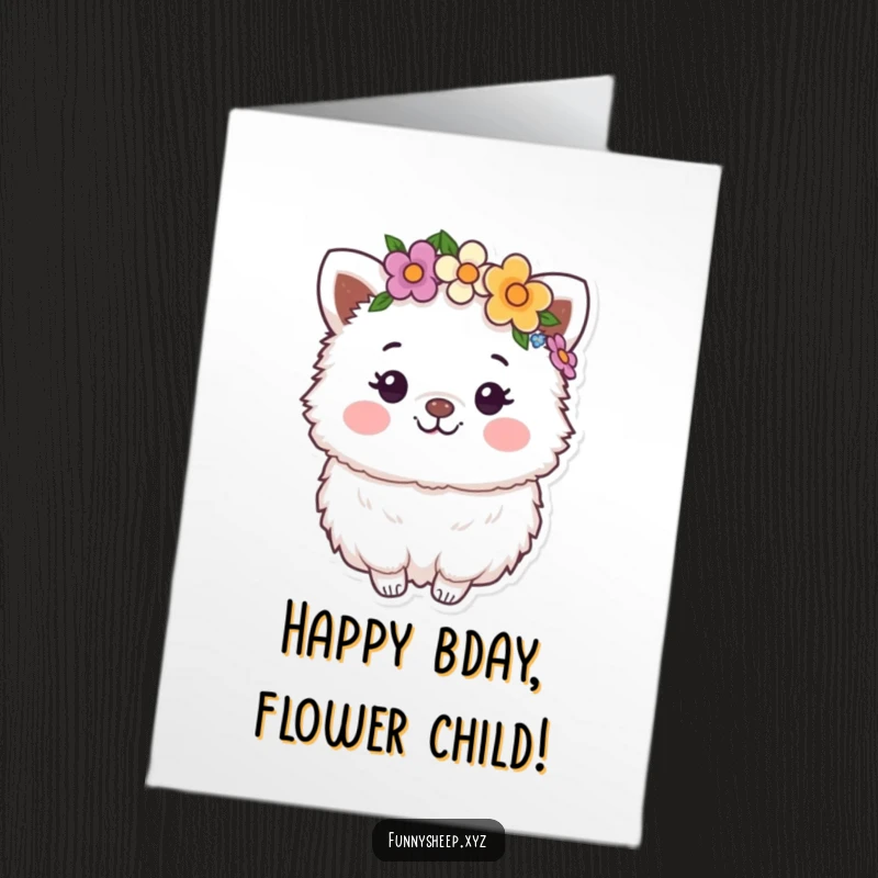 Funny Free Printable Birthday Card: Happy fluffy animal character wearing a colorful flower crown with a big smile.