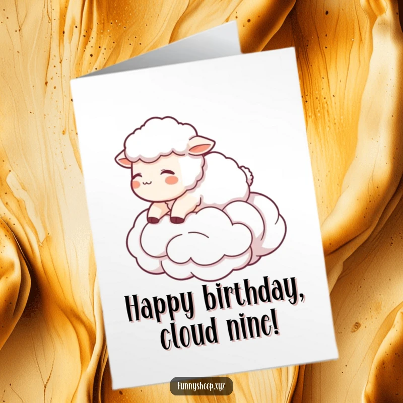 Funny Free Printable Birthday Card: Cute sheep blissfully floating on a soft, fluffy cloud made entirely of wool.