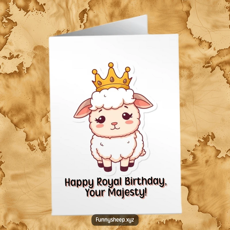 Funny Free Printable Birthday Card: A sheep wearing a tiny crown, looking regal yet utterly confused, a humorous downloadable.