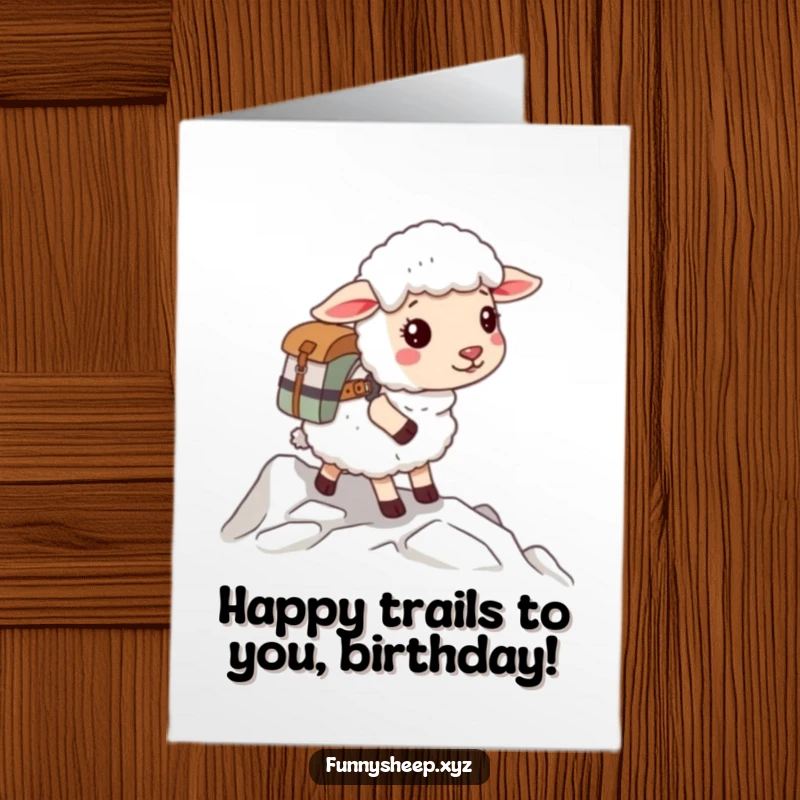 Funny Free Printable Birthday Card: A determined sheep wearing a backpack, starting an exciting climb, a downloadable adventure wish.
