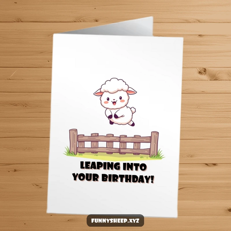 Funny Free Printable Birthday Card: Fluffy sheep joyfully leaping high over a stylized fence with excitement.