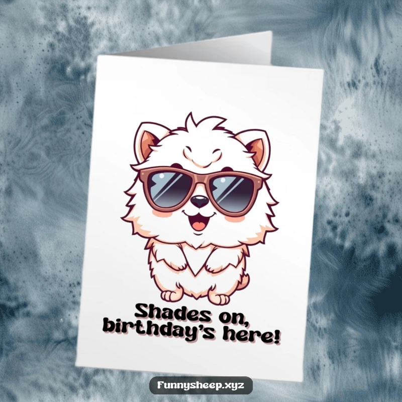 Funny Free Printable Birthday Card: A fluffy animal character giggling wildly while sporting cool, oversized sunglasses.