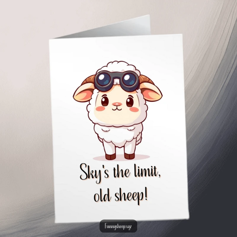 Funny Free Printable Birthday Card: A sheep with small binoculars looks curiously up at the sky.