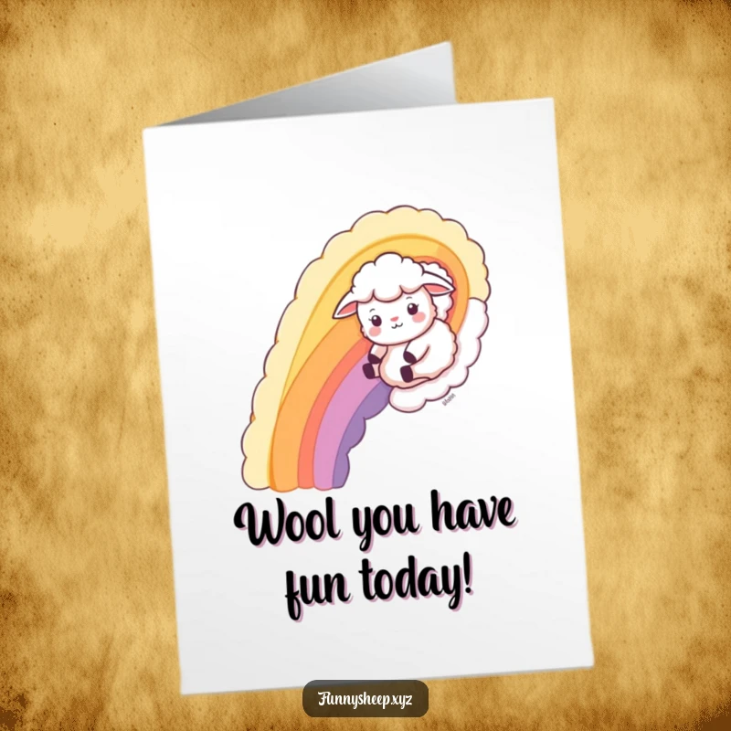 Funny Free Printable Birthday Card: A joyful sheep gleefully sliding down a vibrant rainbow crafted entirely from soft wool.
