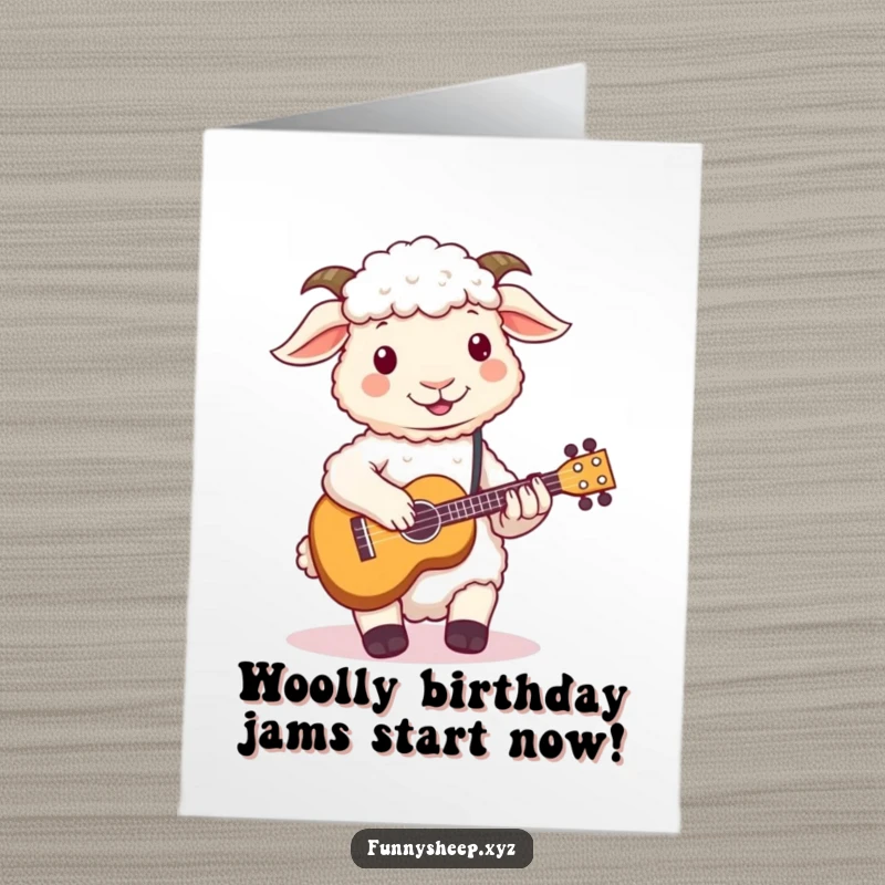 Funny Free Printable Birthday Card: Sheep struggling to play a tiny ukulele with its woolly hooves, a humorous downloadable gift.