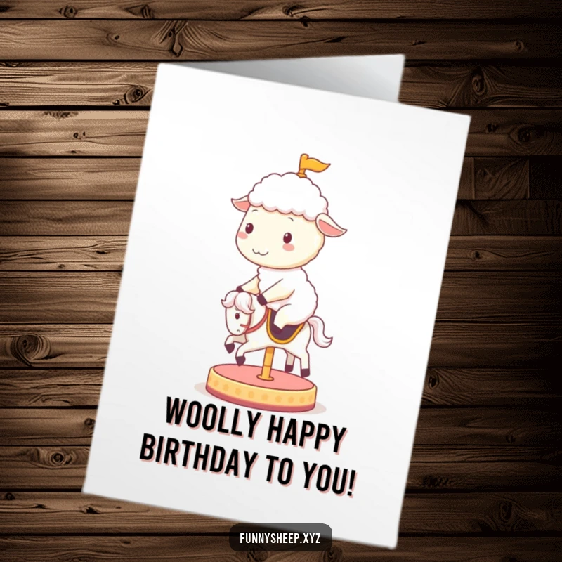 Funny Free Printable Birthday Card: Cheerful sheep joyfully rides a spinning carousel horse, spreading birthday cheer and laughter.