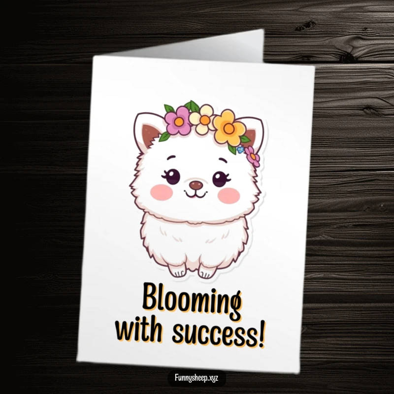 Funny Free Printable Congratulations Card: Happy fluffy animal character wearing a flower crown, celebrating a big win.