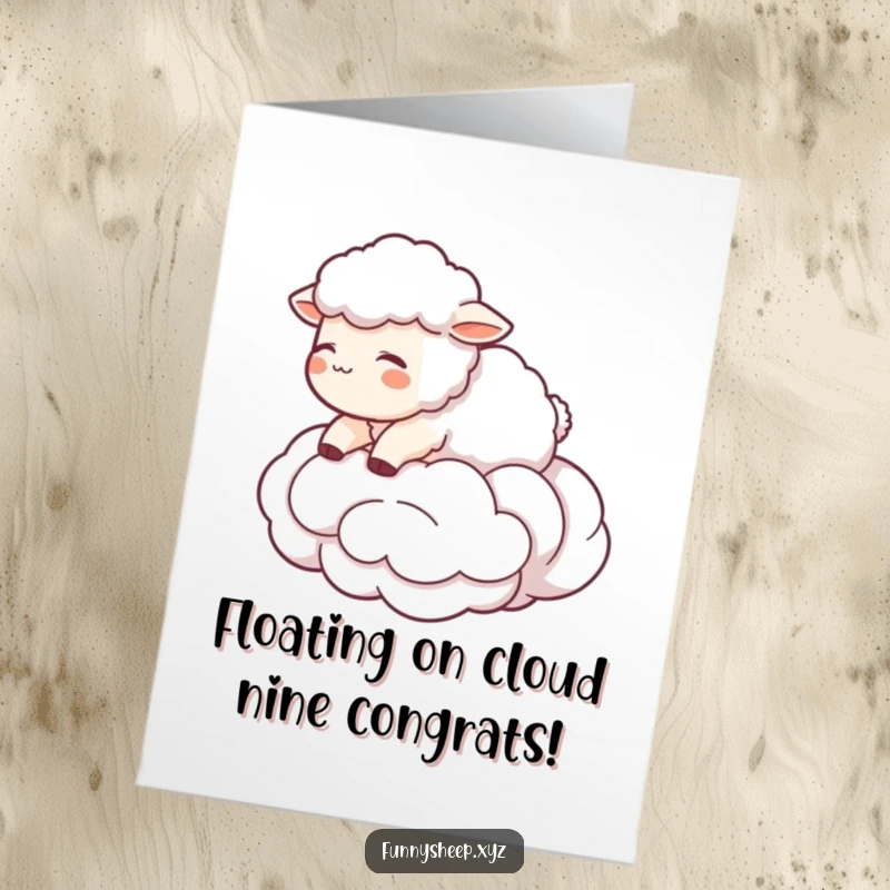 Funny Free Printable Congrats Card: A cute sheep blissfully floating on a wool cloud, representing peaceful success.