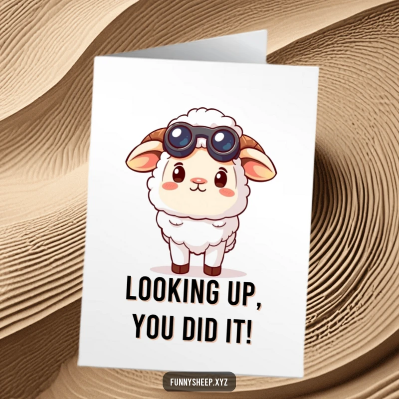 Funny Free Printable Congratulations Card: A sheep peers through tiny binoculars at the sky with great curiosity.