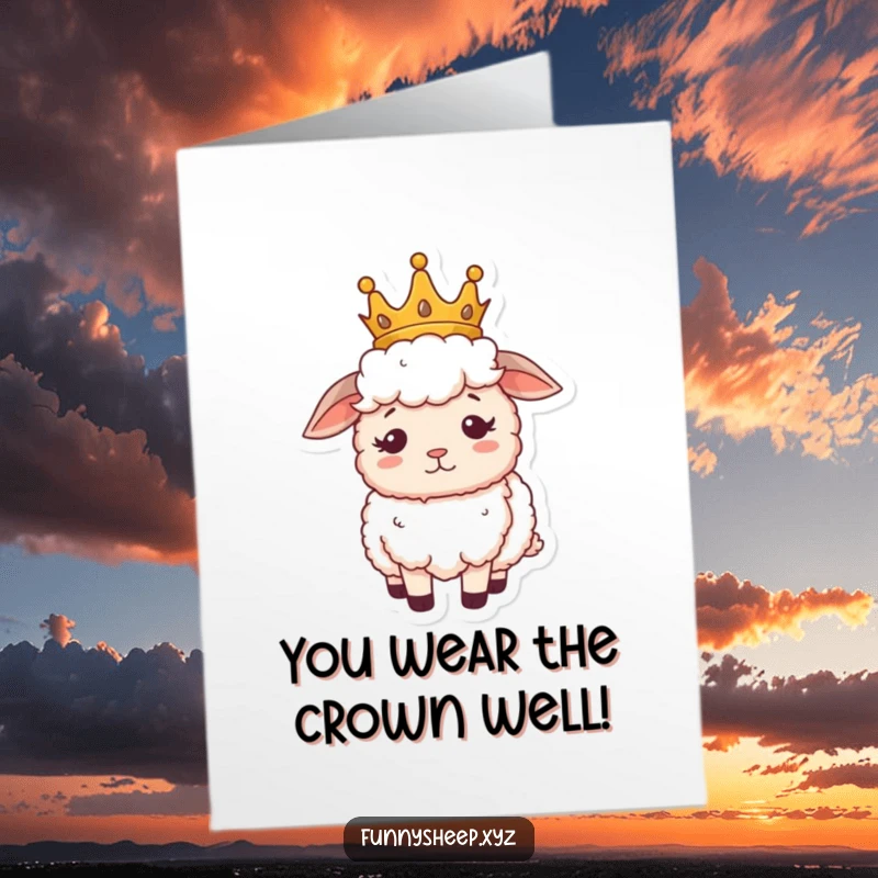 Funny Free Printable Congratulations Card: A sheep adorned in a small crown, appearing regal but bewildered, a funny downloadable.