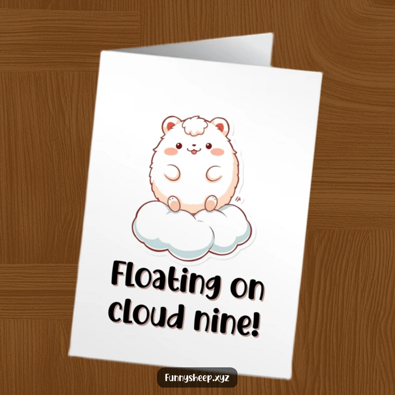 Funny Free Printable Congratulations Card: Fluffy round animal character joyfully bouncing on a cloud, celebrating an achievement.