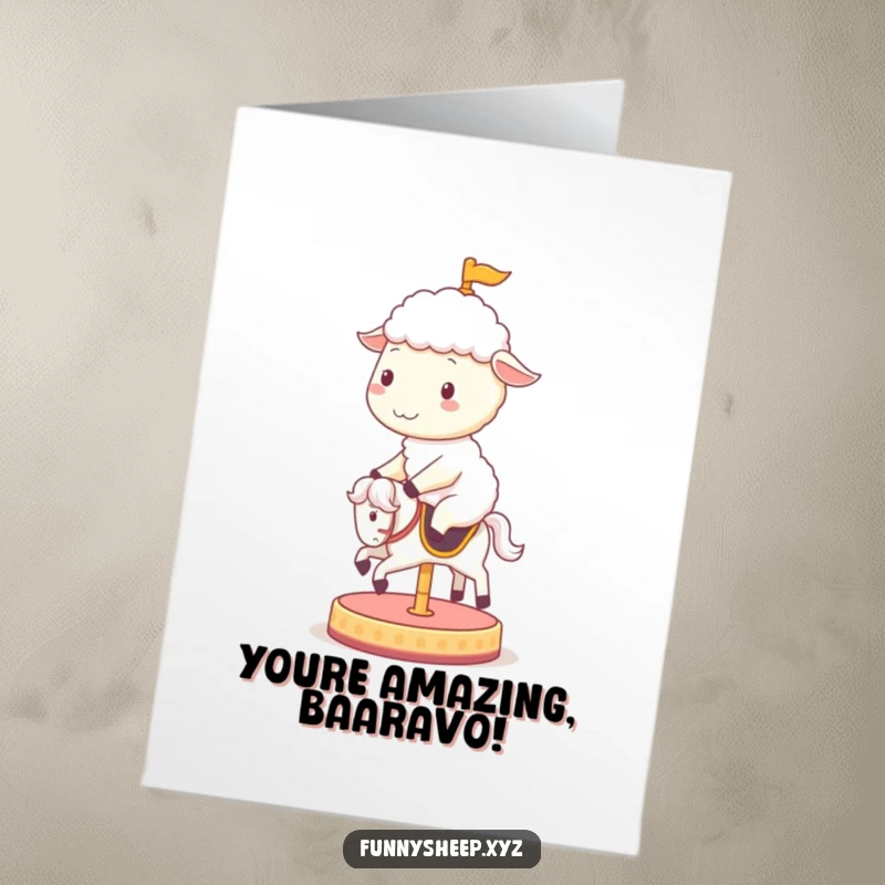Funny Free Printable Congratulations Card: A cheerful sheep rides a spinning carousel horse, celebrating joyous achievements with a smile.
