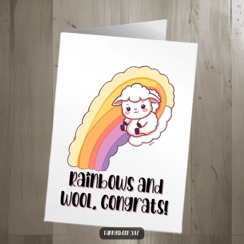 Funny Free Printable Congratulations Card: A cheerful sheep sliding down a colorful rainbow made of fluffy, textured wool.