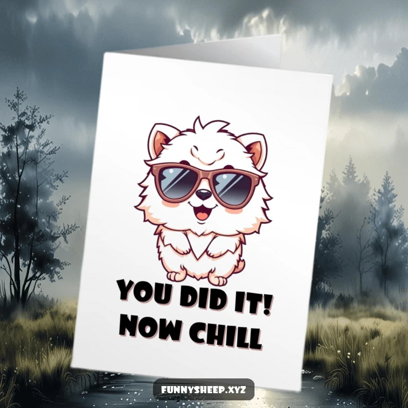 Funny Free Printable Congrats Card: A fluffy animal character giggling with oversized sunglasses for a celebratory win.