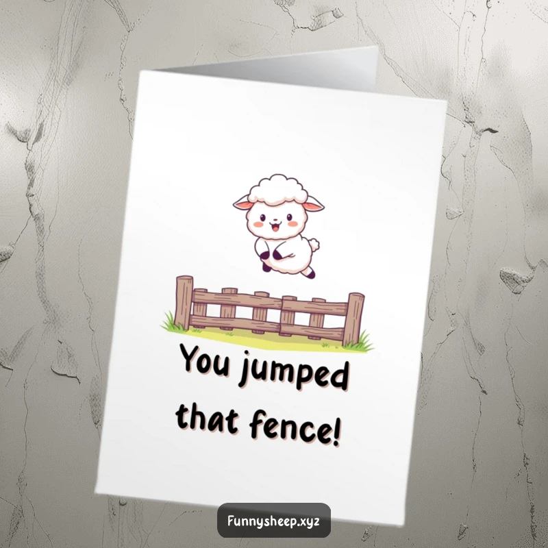 Funny Free Printable Congrats Card: A fluffy sheep joyfully leaping over a fence, symbolizing success and freedom.