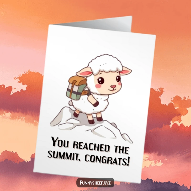 Funny Free Printable Congratulations Card: A sheep in a backpack triumphantly climbing, symbolizing achievement and a funny downloadable.