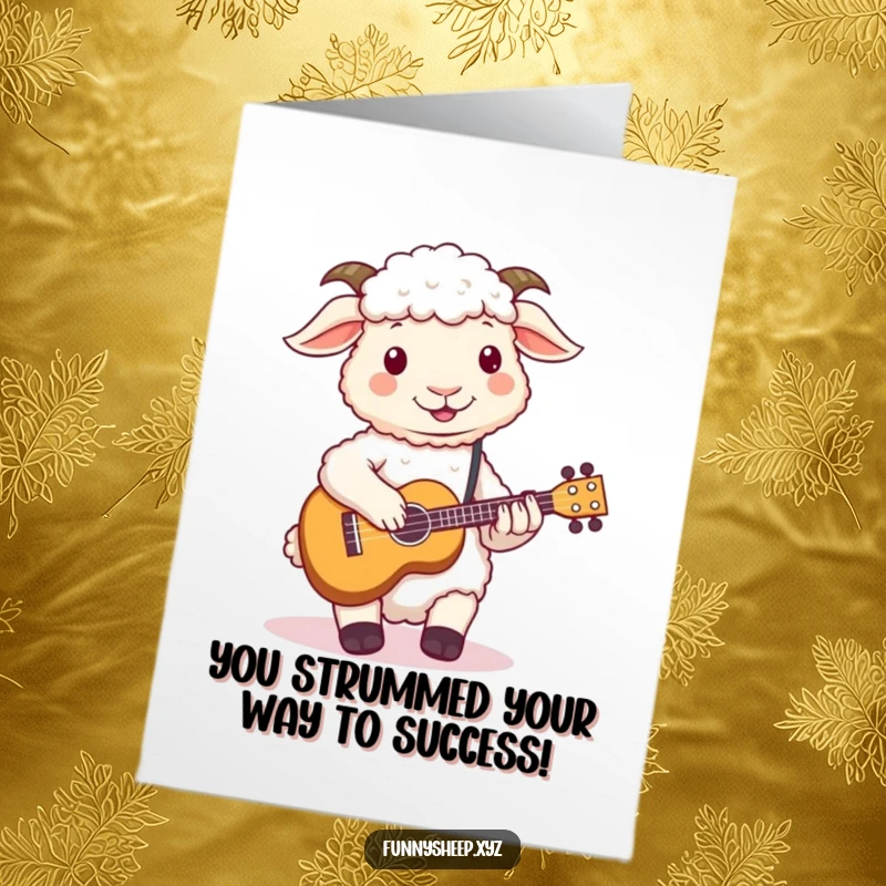 Funny Free Printable Congratulations Card: Sheep hilariously attempting to play a tiny ukulele with its hooves, a unique downloadable.
