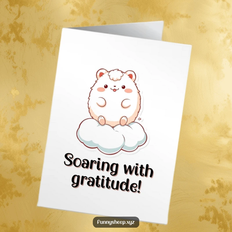 Funny Free Printable Thank You Card: Fluffy round animal character happily bouncing on a cloud, conveying thanks.