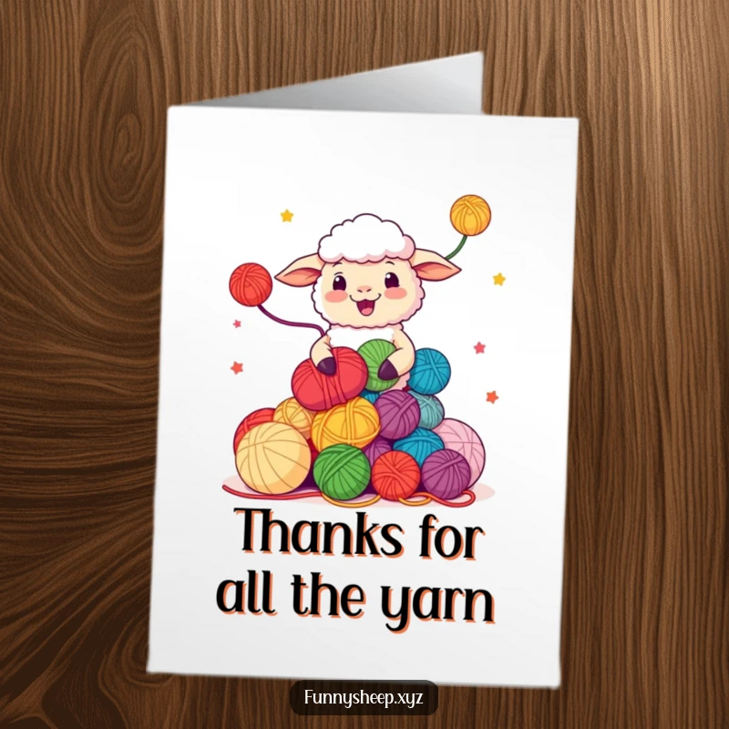 Funny Free Printable Thank You Card: Happy sheep juggling colorful yarn balls, sending thanks with a flourish.