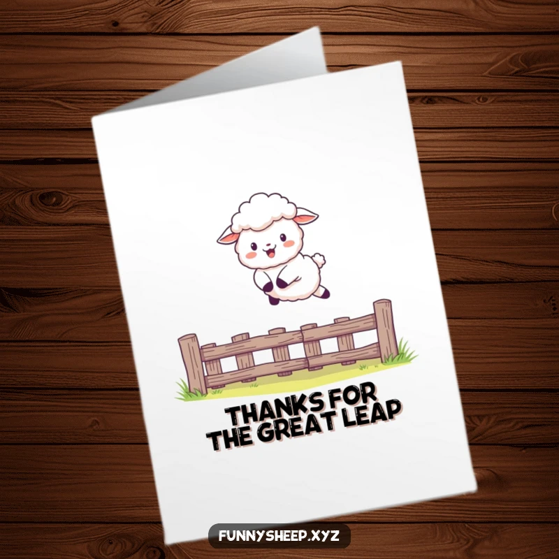 Funny Free Printable Thank You Card: Fluffy sheep leaping over a fence, sending energetic thanks and smiles.