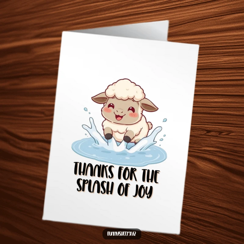 Funny Free Printable Thank You Card: A happy sheep splashing wildly in a puddle, sending water everywhere, a humorous downloadable.