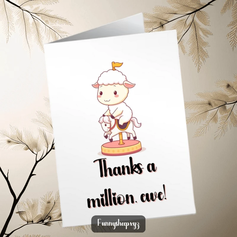 Funny Free Printable Thank You Card: A cheerful sheep on a carousel horse expresses thanks with a joyful, spinning motion.